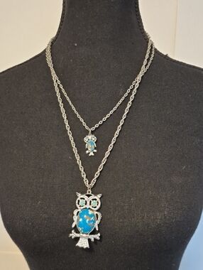 Double Chain Owl Necklace Blue Cabochon Bellies Silver Tone